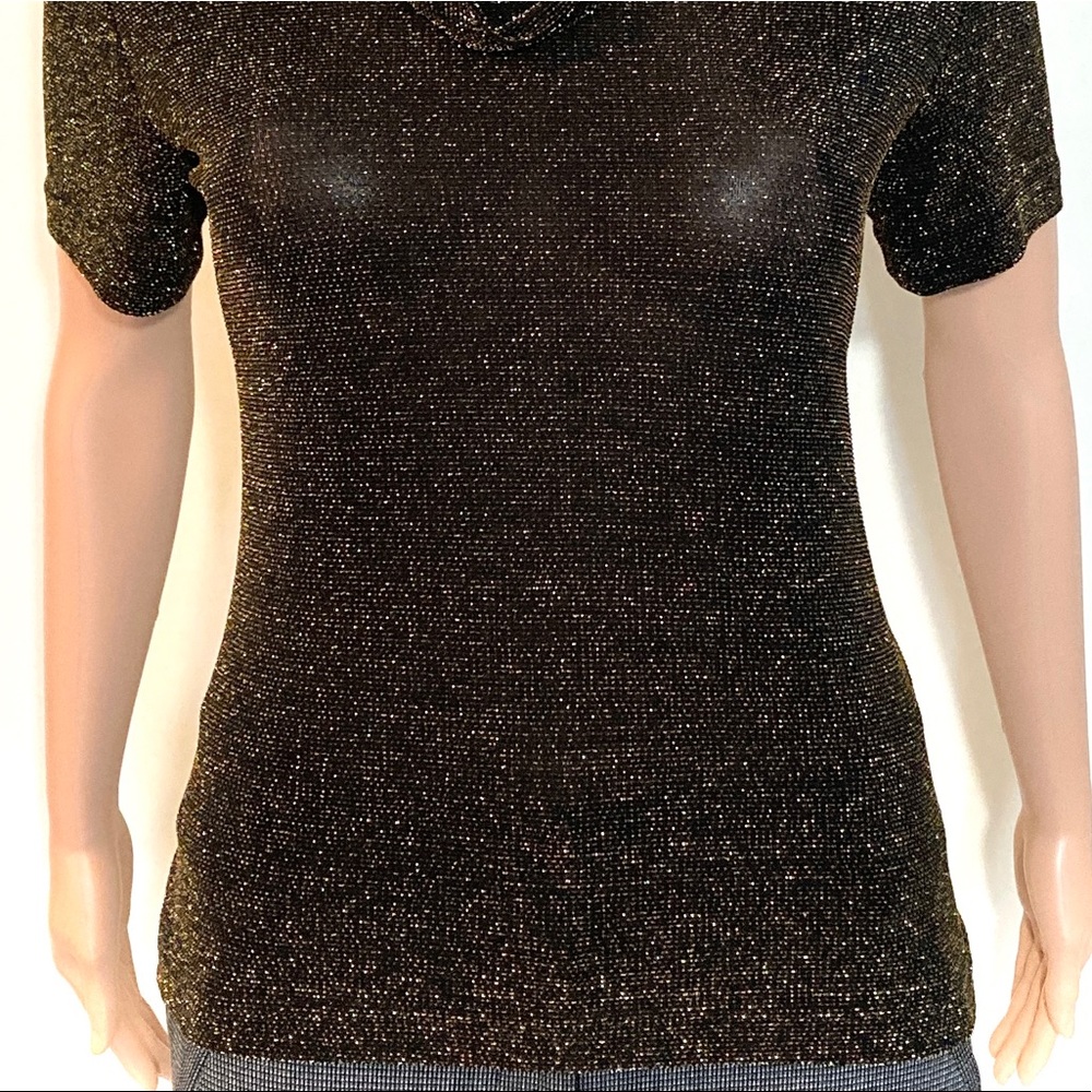 ❌SOLD❌MED•VINTAGE•PIERRE CARDIN FEMME•BLACK/GOLD SPARKLY SHORT SLEEVE TOP• - Picture 3 of 7